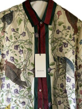 NWT Gucci Silk Bird & Floral Print Button Down Shirt 15+ Italy Web Trim